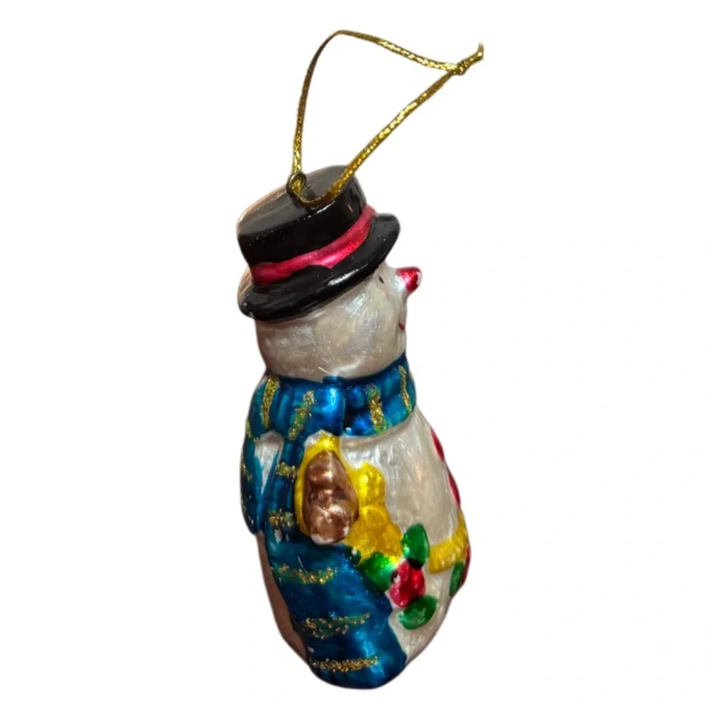 Snowman Glass Ornament Christmas Gift Box Set Collectible White Blue Red Gold